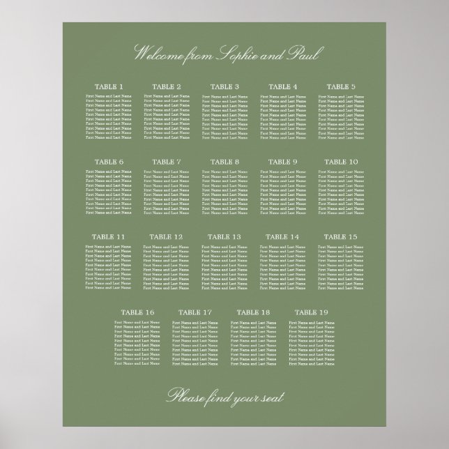 Sage Grönt 19 Bord Bröllop-sätesdiagram Poster (Framsidan)