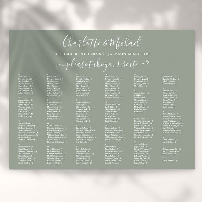 Sage Grönt 200 Namn Bröllop-sittplatsdiagram Poster (Sage Green 200 Names Wedding Seating Chart)