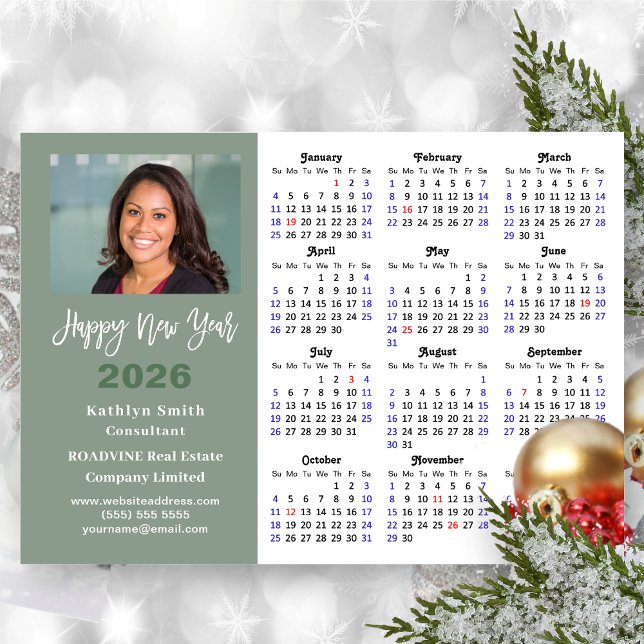 Sage Grönt 2026 Calendar Business Photo Simple Julkort (Skapare uppladdad)
