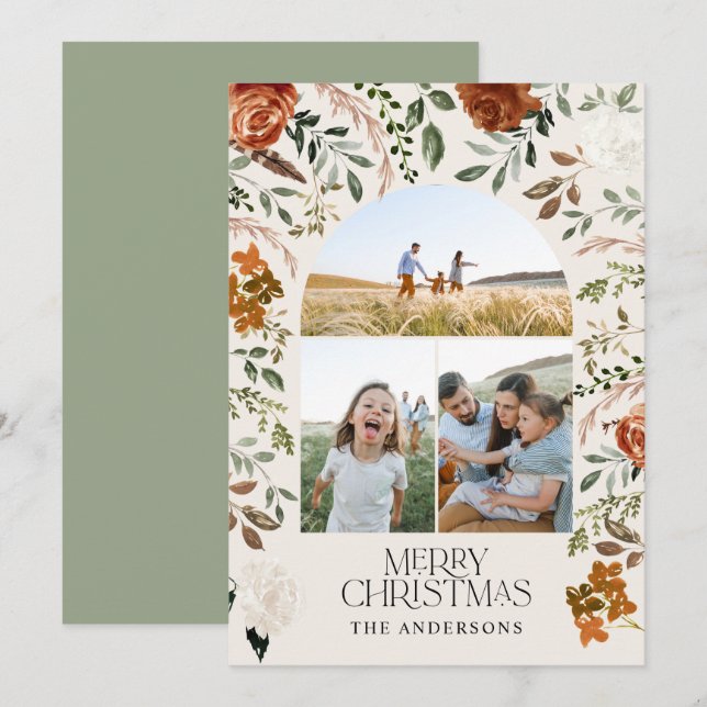 Sage grönt 3-helgdag för fotobotanisk elegant julkort (Fram/baksida)