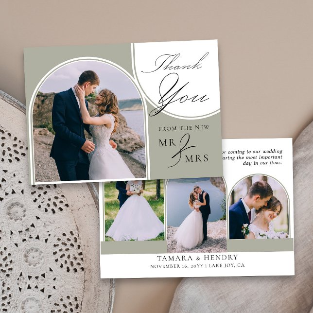 Sage Grönt 4 Arched Photo Bröllop Calligraphy Tack Kort (Elegant Sage green wedding photo thank you card from my Wedding Colors collection)