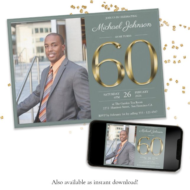 Sage Grönt 60:e Guld-textklassfotofödelsedagen Inbjudningar (Sage Green 60th Gold Text Classy Photo Birthday Invitation)
