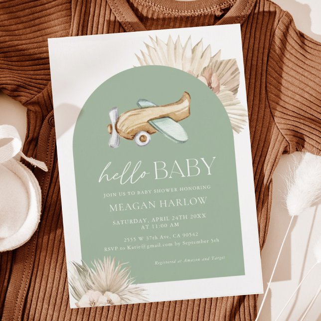 Sage Grönt Airplan Baby Shower-inbjudan Inbjudningar (Skapare uppladdad)