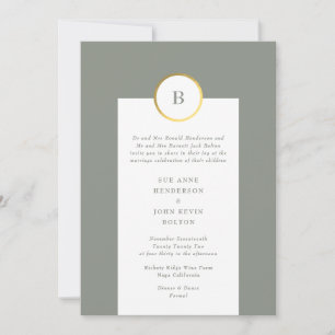 Sage Grönt and Gold Foil Circle Monogram Bröllop Inbjudningar