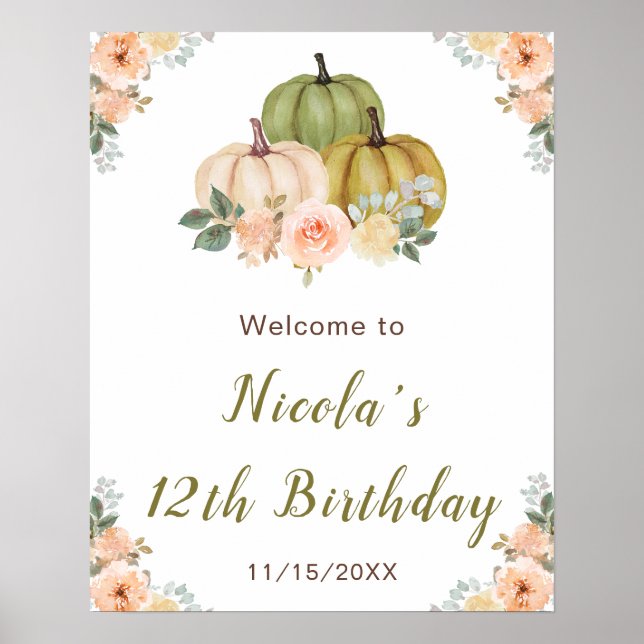 Sage Grönt and Peach Blommigt Pumpkins Birthday Poster (Framsidan)