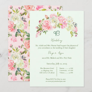 Sage Grönt and Rosa Blommigt Sikh Ik Onkar Bröllop Inbjudningar