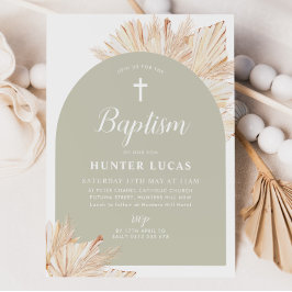 Sage Grönt Arch Boho Blommigt Boys Baptism Inbjudningar