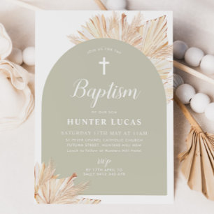 Sage Grönt Arch Boho Blommigt Boys Baptism Inbjudningar
