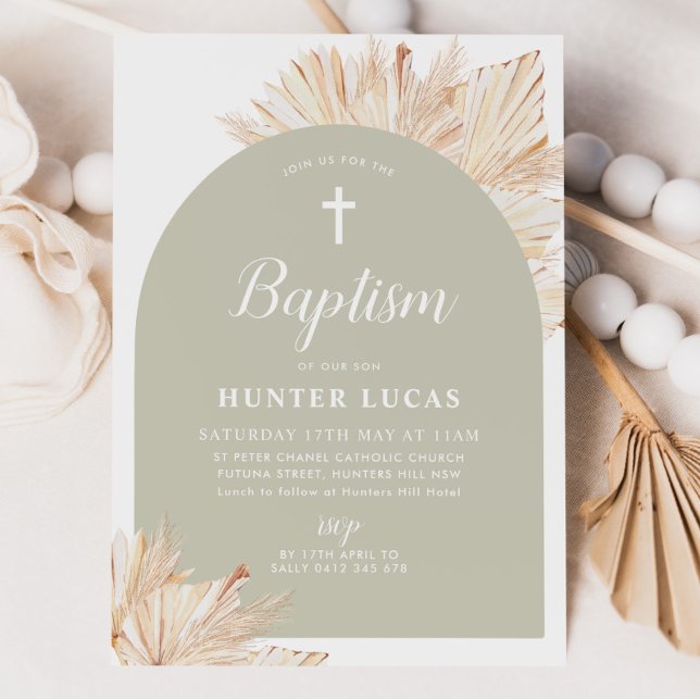 Sage Grönt Arch Boho Blommigt Boys Baptism Inbjudningar (Sage Green Boho Baptism Invitation)