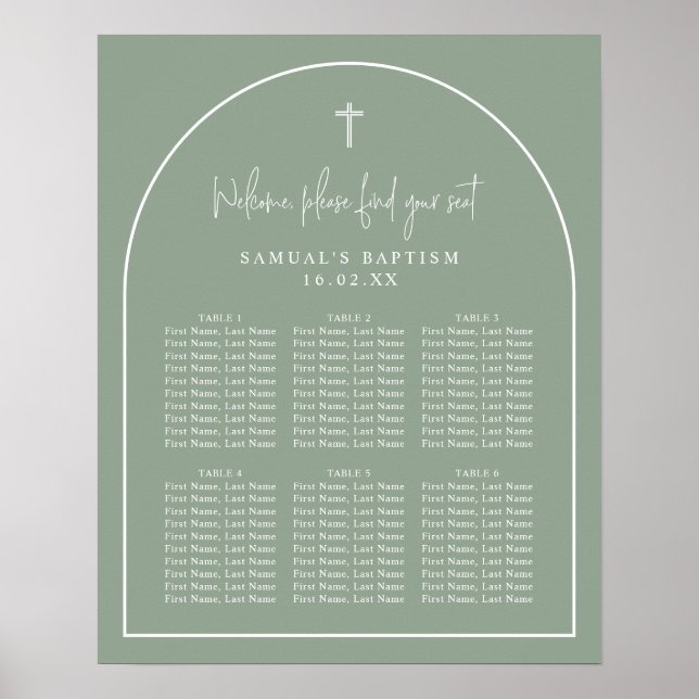 Sage Grönt Arch Minimalist Baptism Sittdiagram Poster (Framsidan)