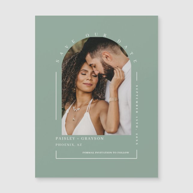 Sage Grönt Arch Photo Spara our Date Magnetic Card (Framsida)