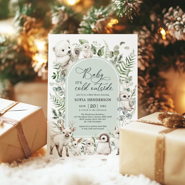 Sage Grönt Arktiska djur Vinter Baby Shower Inbjudningar (Skapare uppladdad)