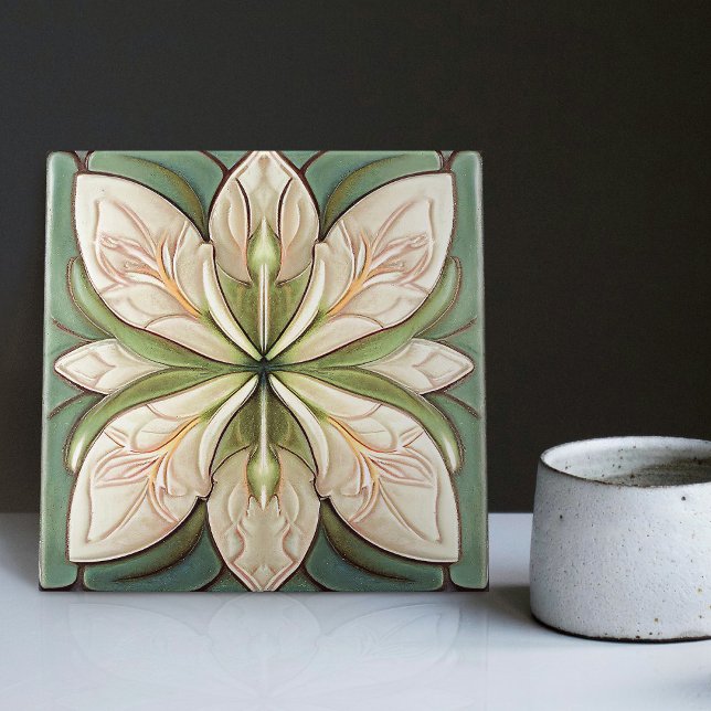 Sage Grönt Art Deco Blommigt Wall Decor Art nouvea Kakelplatta (Skapare uppladdad)