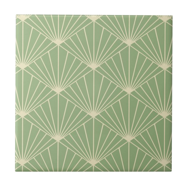 Sage Grönt Art Deco Fläkt Mönster Kakelplatta (Framsidan)