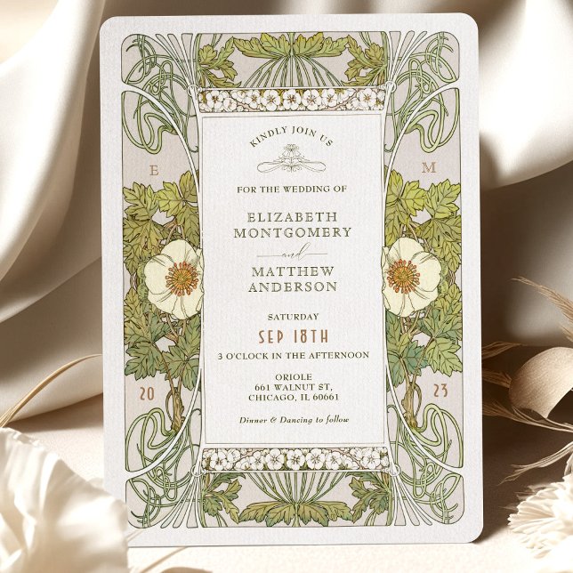 Sage Grönt Art nouveau Alphonse Mucha Bröllop Inbjudningar (Skapare uppladdad)