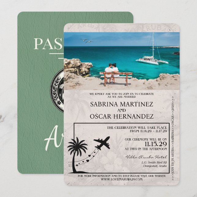 Sage Grönt Aruba Passport bröllopsinbjudan Inbjudningar (Fram/baksida)