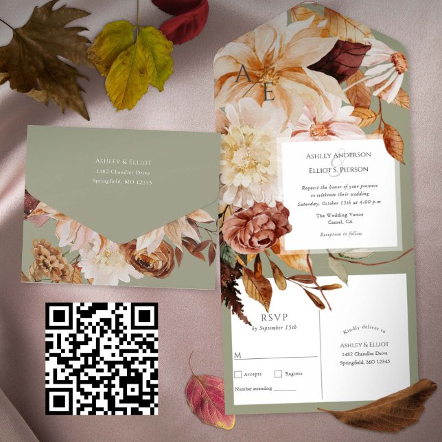 Sage Grönt Autumn Elegance, Fall Wedding (Sage Green Fall Wedding Invitations, All-in-one Autumn wedding invite with postcard RSVP)