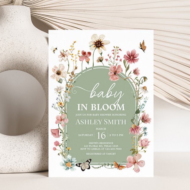 Sage Grönt Baby Bloom Baby Shower Inbjudningar (Gender Neutral Wildflower Baby Shower Invitation)
