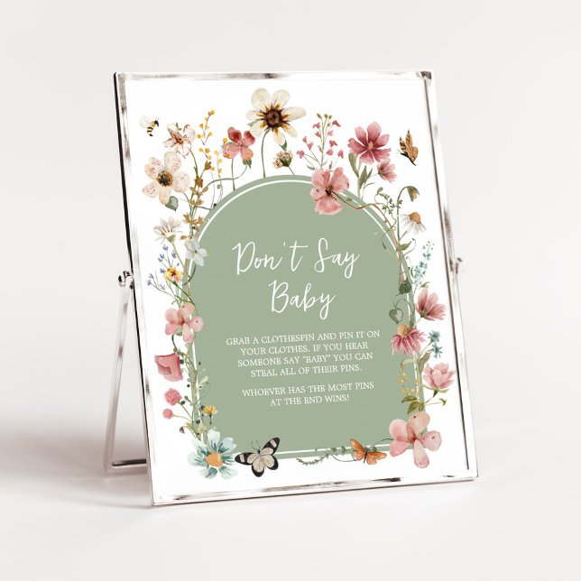 Sage Grönt Baby Bloom Baby Shower Säg inte Baby Poster (Gender Neutral Wildflower Baby Shower Don't Say Baby Sign)