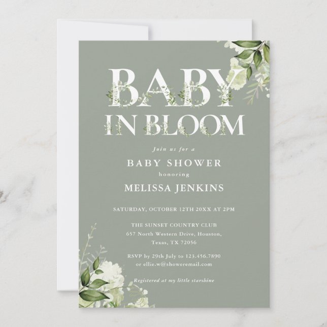 Sage Grönt Baby i Blommigten Bloom Photo Baby Show Inbjudningar (Framsida)