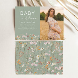 Sage Grönt Baby i Bloom Photo Baby Shower Inbjudningar
