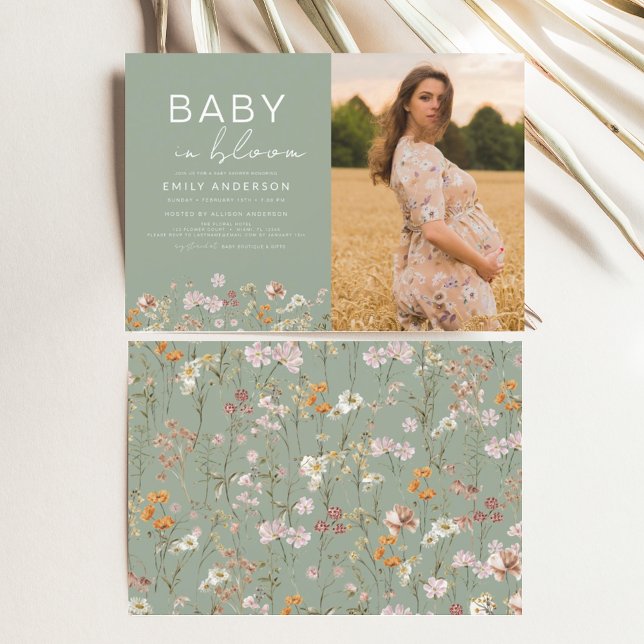 Sage Grönt Baby i Bloom Photo Baby Shower Inbjudningar (Skapare uppladdad)