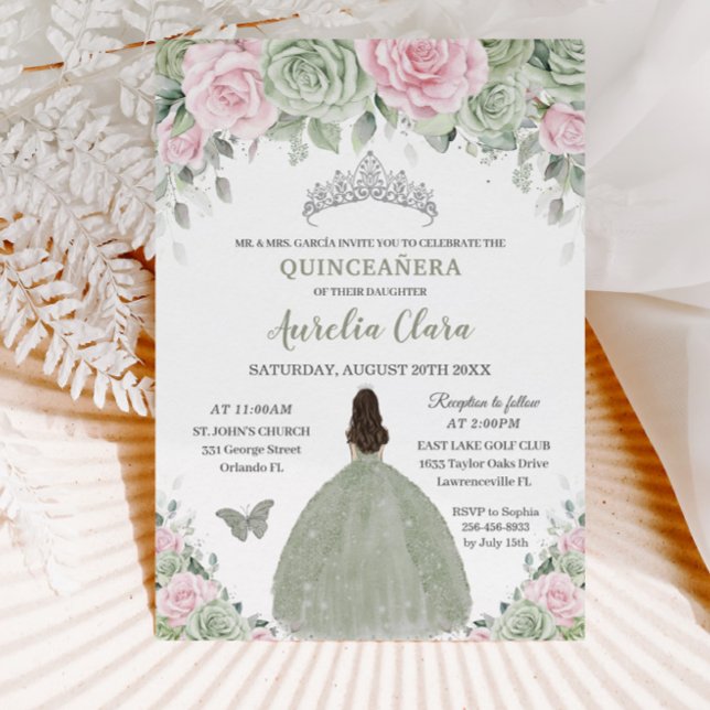 Sage Grönt Baby Rosa Blommigt Silver Quinceañera Inbjudningar (Skapare uppladdad)