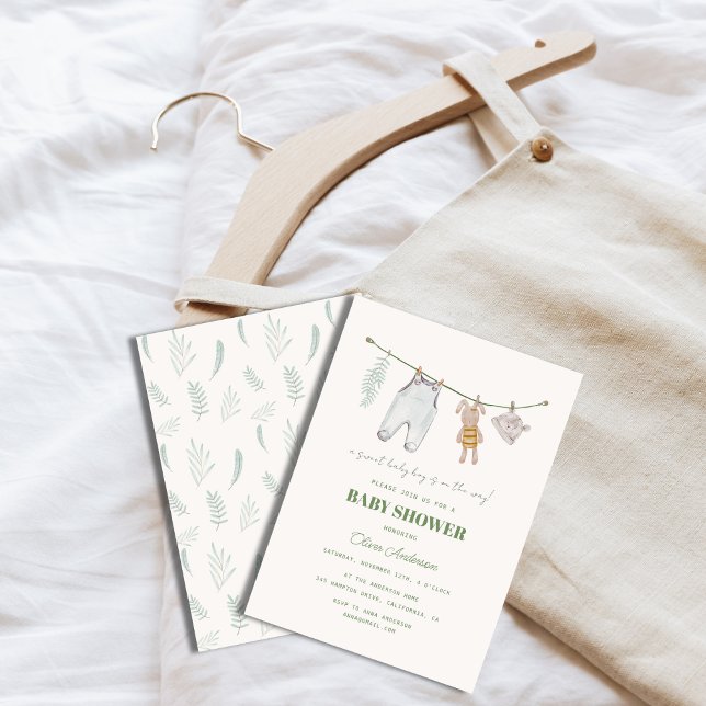 Sage Grönt Baby Shower Boho Boy Clothes Inbjudningar (Sage Green Baby Shower Boho Boy Clothes Invitation)