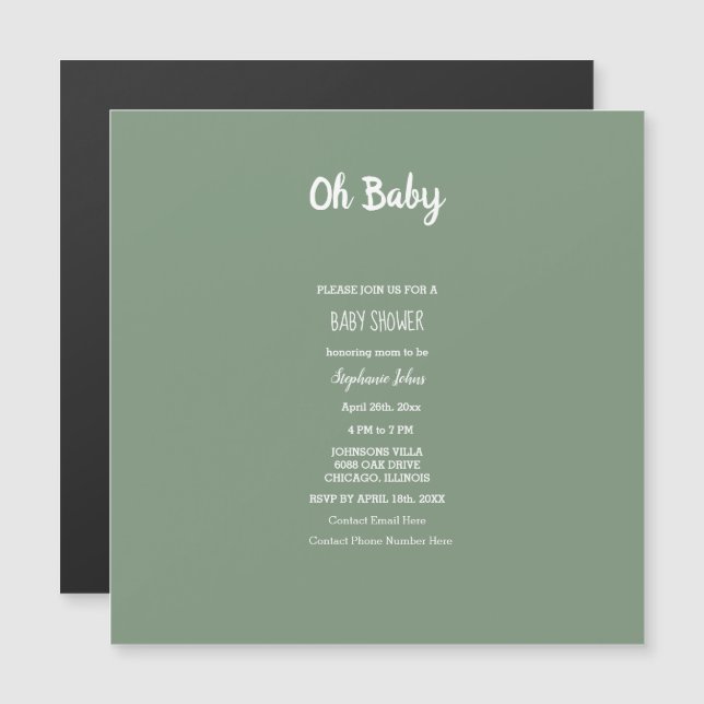 Sage Grönt Baby Shower Elegant Simple Boy Girl Magnetisk Inbjudningskort (Fram/baksida)