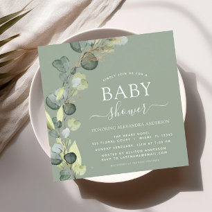 Sage Grönt Baby Shower Greenery Eucalyptus Inbjudningar