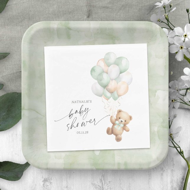 Sage Grönt Balloals, Barly wait Gender Neutral Pappersservett (Sage Green We Can Bearly Wait, Teddy Bear Themed Baby Boy Shower Napkin.)