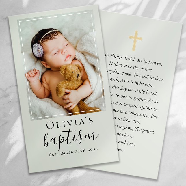 Sage Grönt Baptism Photo Keepsak Prayer Card (Skapare uppladdad)