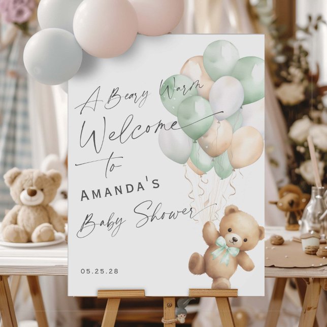 Sage Grönt Barly wait Kön Neutral Välkomstskylt Poster (Sage Green, Gender Neutral baby Shower We can bearly wait- welcome sign.)