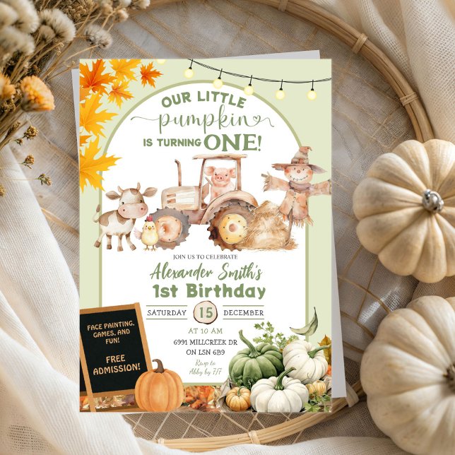 Sage Grönt Barn Animals Little Pumpkin Birthday Inbjudningar (Skapare uppladdad)