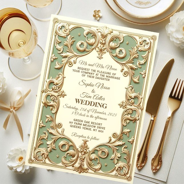 Sage Grönt Baroque Grandeur Blommigt Motif Faux Gu Inbjudningar (Soft Green Baroque Grandeur Floral Motif Faux Gold Invitation)