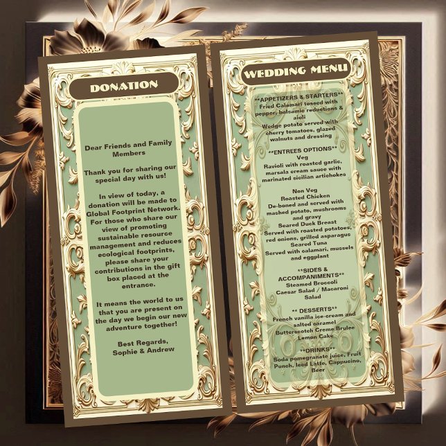 Sage Grönt Baroque Grandeur Blommigtarna Motif Brö Meny (Sage Green Baroque Grandeur Florals Motif Wedding Menu)