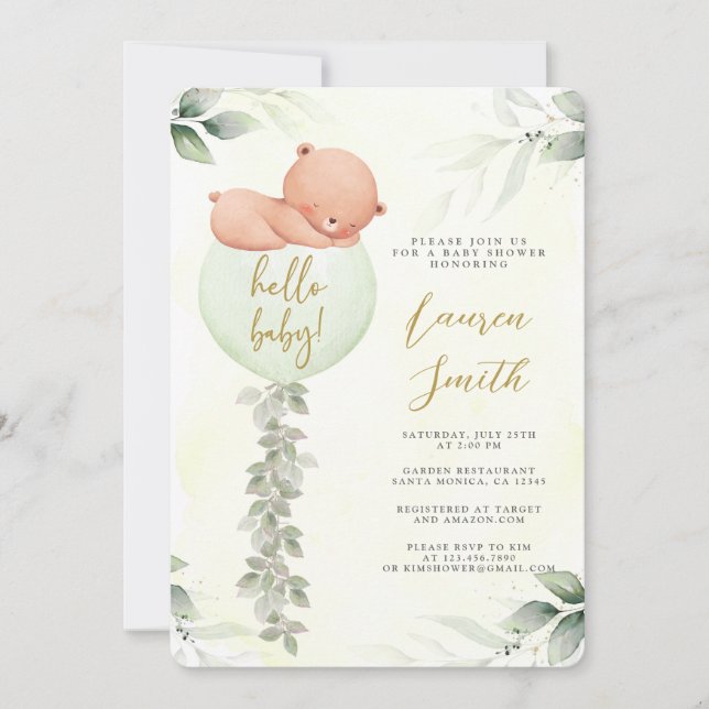 Sage Grönt Bear Baby Shower Inbjudningar (Framsida)