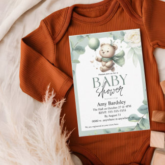 Sage Grönt Bear Baby Shower Inbjudningar