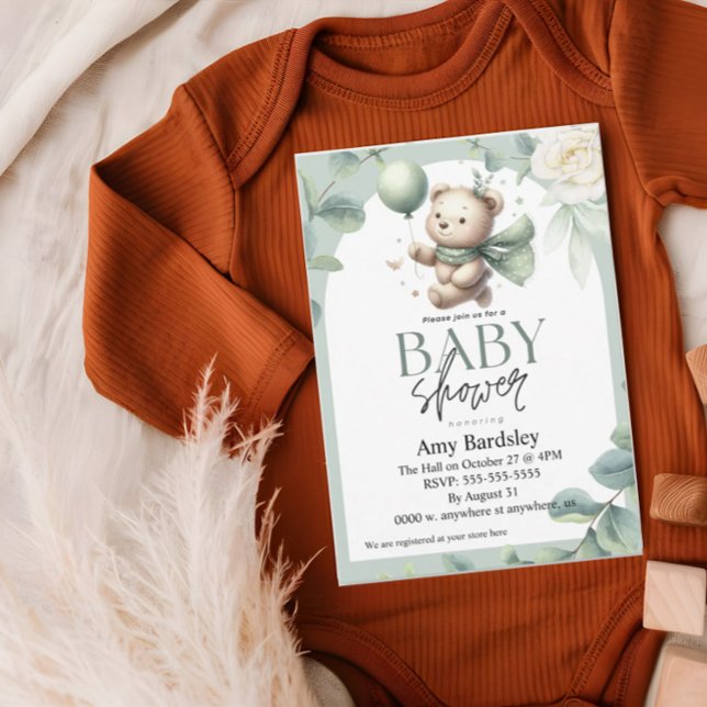 Sage Grönt Bear Baby Shower Inbjudningar (Skapare uppladdad)