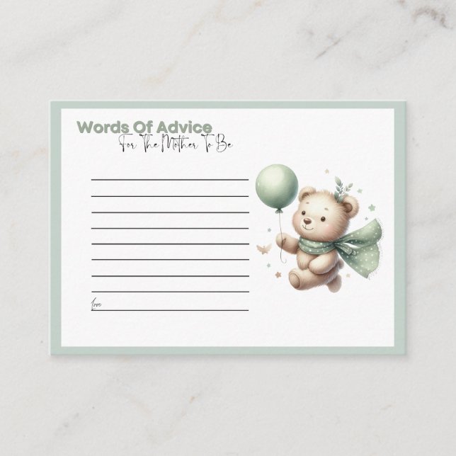 Sage Grönt Bear Baby Shower Ord of Advice Card Rådkort (Framsida)