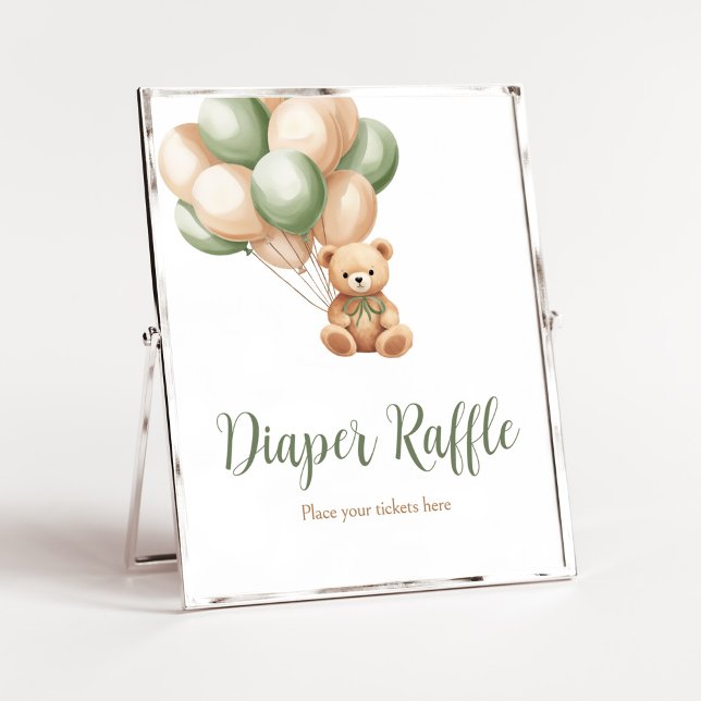 Sage Grönt Bear Balloon Baby Shower Diaper Raffle Poster (Green Boho Bear Baby Shower Diaper Raffle Sign)