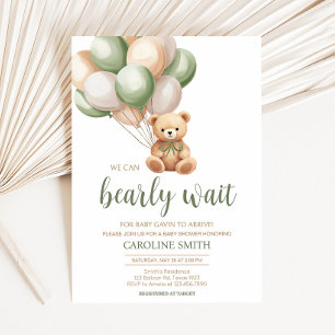 Sage Grönt Bear Balloon Baby Shower Inbjudningar