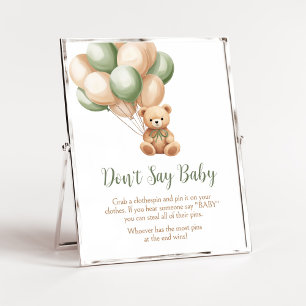 Sage Grönt Bear Balloon Baby Shower Säg inte Baby Poster