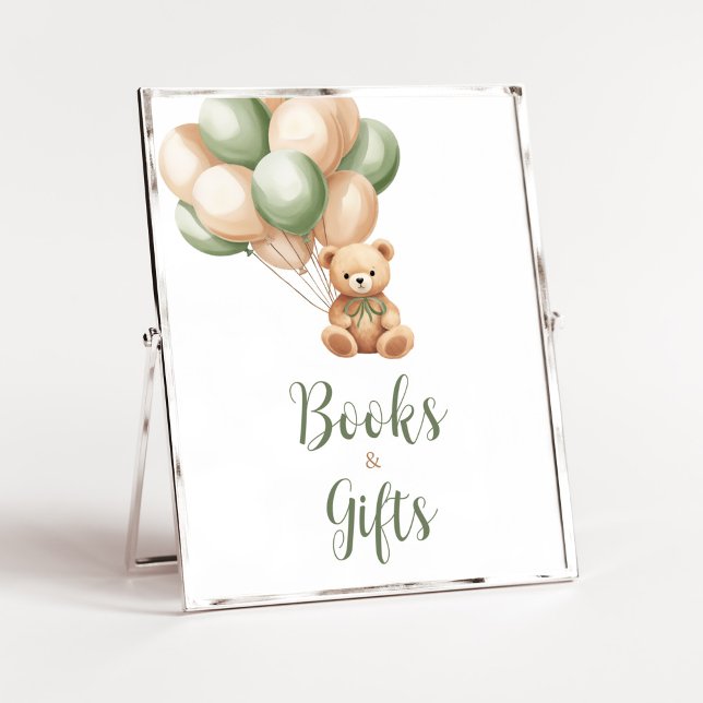 Sage Grönt Bear Balloon Bokar och presenter Poster (Green Boho Bear Baby Shower Books and Gifts Sign)