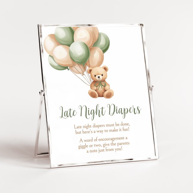Sage Grönt Bear Balloon Late Night Diaper Poster (Green Boho Bear Baby Shower Late Night Diapers Sign)