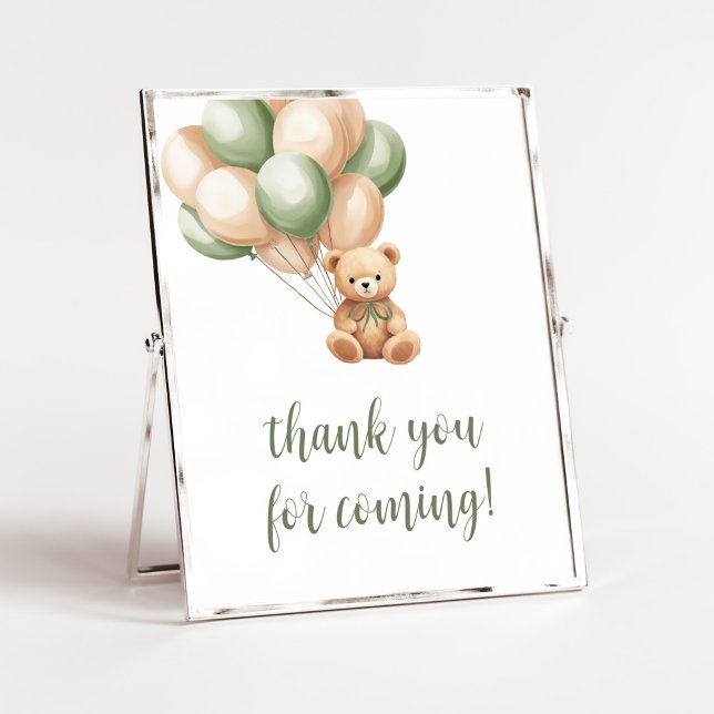 Sage Grönt Bear Balloon Tack för att du kommer Poster (Green Boho Bear Baby Shower Thank you for Coming Sign)