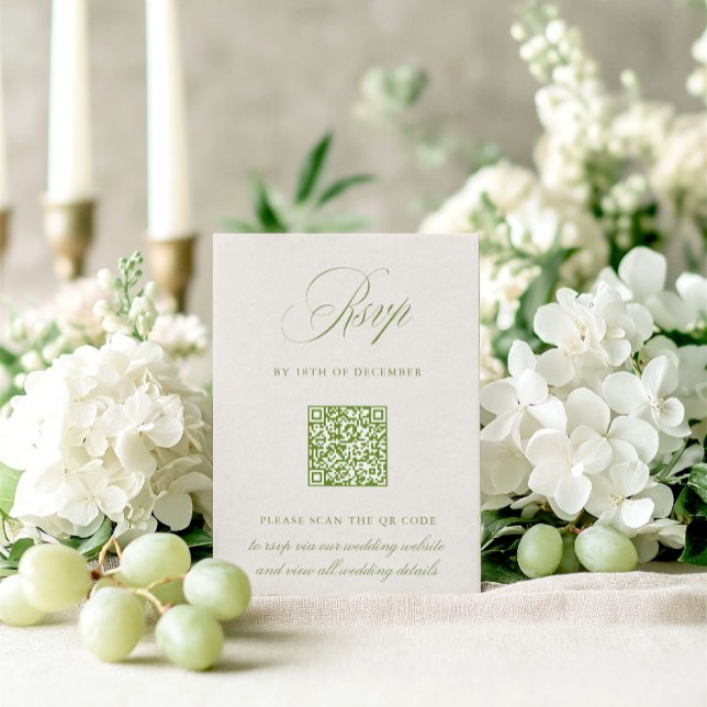 Sage Grönt & Beige QR-OSA Bröllop-kort OSA Kort (Sage Green & Beige QR Code RSVP Wedding Card)