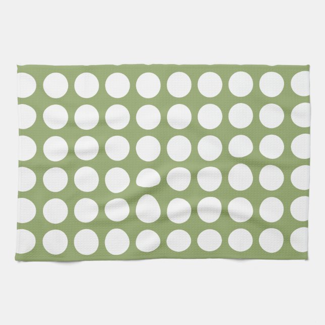 Sage Grönt & Big White Polka dots Kökshandduk (Horisontell)