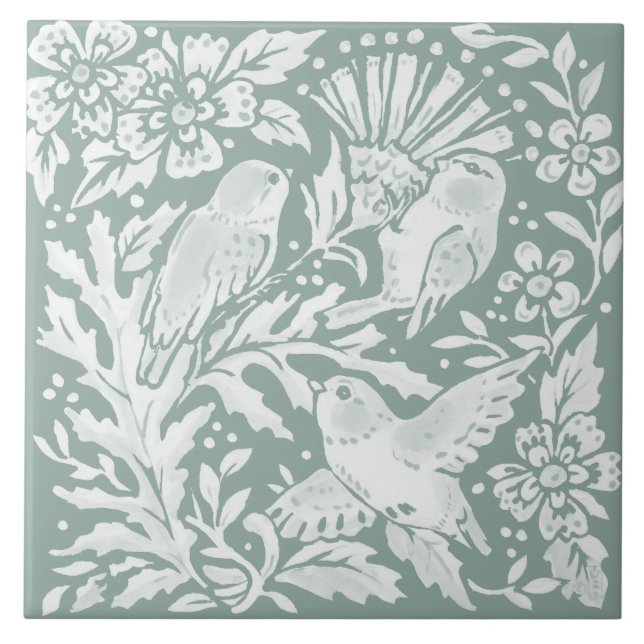 Sage Grönt Birds Thistle Nature Scene Ceramic Tile Kakelplatta (Framsidan)