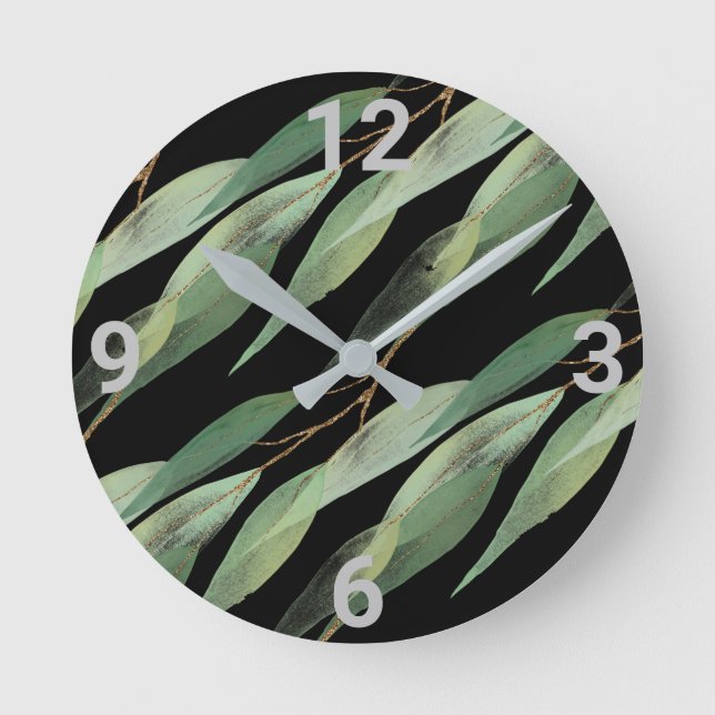 Sage Grönt Black Botanical Eucalyptus Wall Clock Rund Klocka (Framsida)